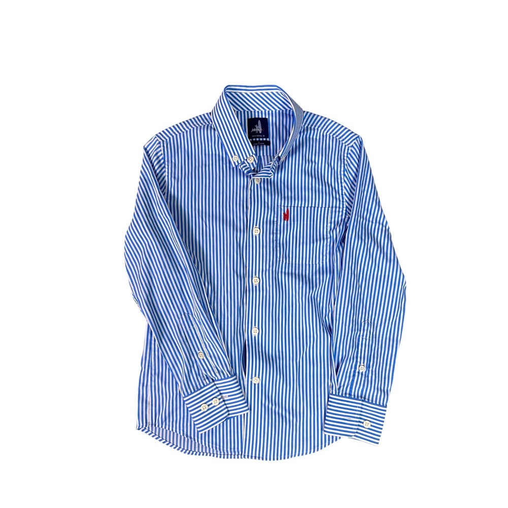 Johnnie-O Kids Blue Striped Button-Down Shirt Red Logo Pocket Boys Size‎ 8